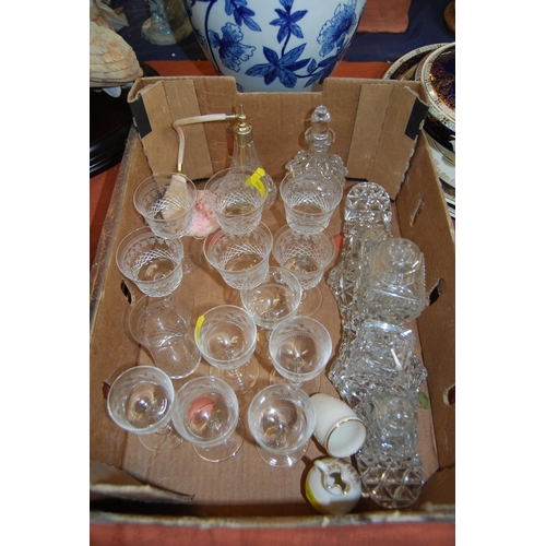 131 - 6 LADY HAMILTON PORT GLASSES, 6 ETCHED SHERRY GLASSES, CUT GLASS CRUET SET, ETC.