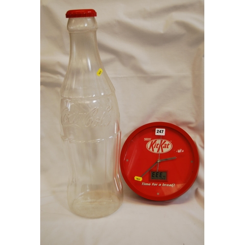 247 - BATTERY KITKAT WALL CLOCK AND PLASTIC COCA COLA SHOP DISPLAY BOTTLE