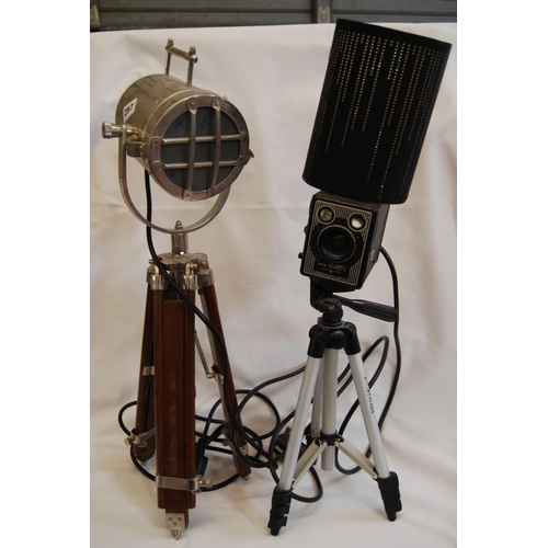 257 - BOX CAMERA TABLE LAMP ON TRIPOD AND SPOTLIGHT TABLE LAMP ON TRIPOD