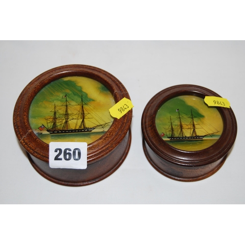 260 - 2 CIRCULAR OAK BOXES WITH LIDS DECORATED 3 MAST SAILING SHIPS