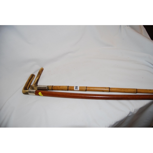 285 - ANTLER HANDLED WALKING STICK WITH SILVER BAND AND HANDLE AND RIDING CROP WITH SILVER BAND (A/F)