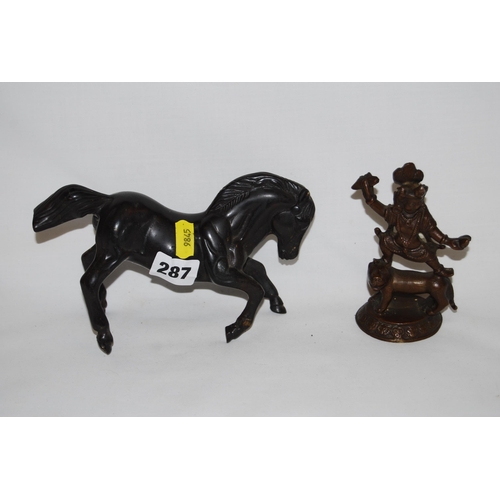 287 - BRONZE MODEL OF DRESSAGE HORSE AND INDIAN BRONZE OF DEITY STANDING ON A TIGER