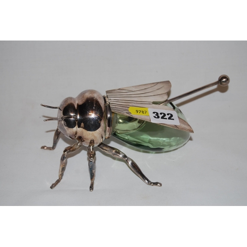 322 - MAPPIN & WEBB SILVER PLATED HONEY POT IN THE SHAPE OF A BEE WITH GREEN TINTED GLASS BODY, WITH SPOON