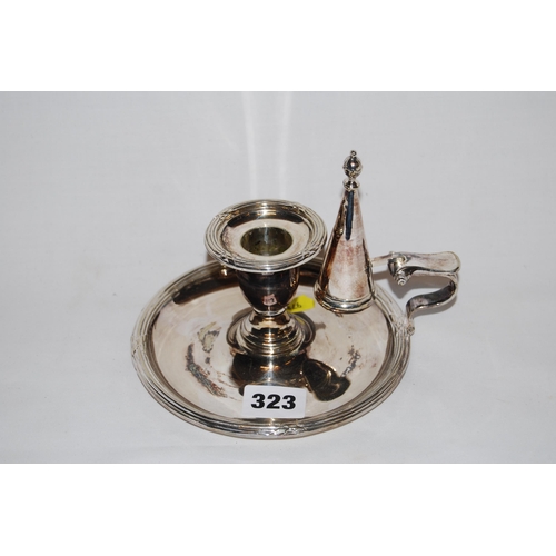 323 - 19TH CENTURY SILVER PLATED CHAMBERSTICK WITH REEDED RIM AND SNUFFER