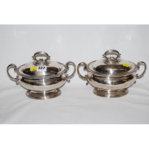 327 - PAIR OF 19TH CENTURY ELKINGTON SILVER PLATED 2 HANDLED OVAL SAUCE TUREENS WITH LIDS