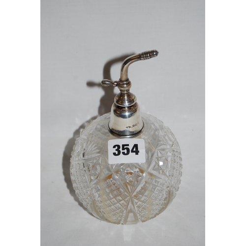 354 - BULBOUS CUT GLASS SILVER TOP PERFUME ATOMISER; BIRMINGHAM 1919