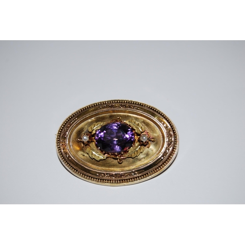 380 - FRENCH 15CT GOLD AMETHYST AND SEED PEARL BROOCH (6.35g GROSS)