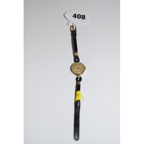 408 - UNO 9CT GOLD LADIES WRISTWATCH WITH LEATHER STRAP