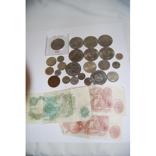 420 - OLD £1 NOTE, 2 TEN SHILLING NOTES, 9 CROWNS, ETC