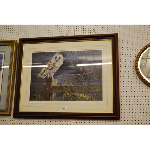 492 - COLOURED PRINT OF BARN OWL ON FENCE POST IN THE EVENING BY DOROTHY BUXTON