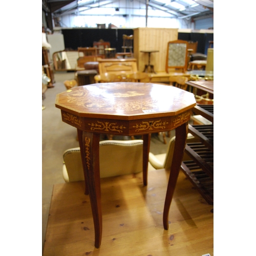 527 - CONTINENTAL MARQUETRY MUSICAL SEWING TABLE ON SHAPED SUPPORTS 48CM WIDTH X 48CM DEPTH X 56CM HIGH