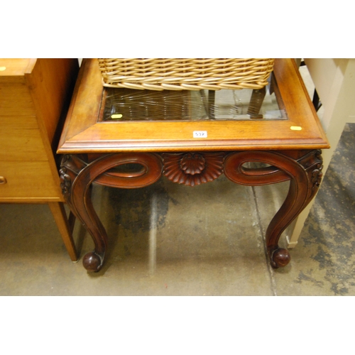 532 - SQUARE MAHOGANY COFFEE TABLE WITH GLASS INSET (A/F) ON CARVED CABRIOLE LEGS