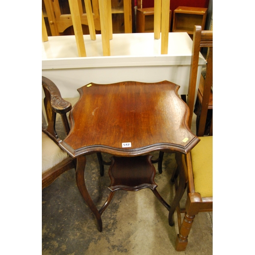 542 - EDWARDIAN OAK CENTRE TABLE WITH SHAPED TOP AND LEGS, SHELF STRETCHER 53CM WIDTH X 53CM DEPTH X 71CM ... 