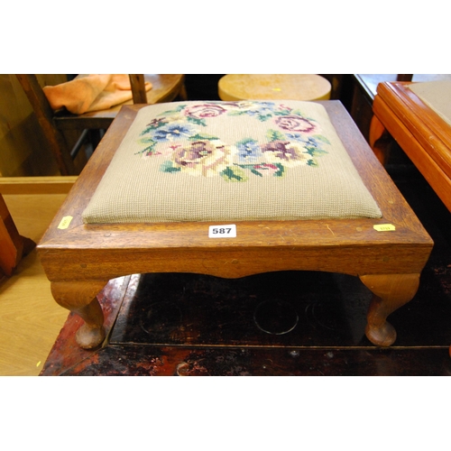 587 - SQUARE MAHOGANY STOOL WITH TAPESTRY TOP