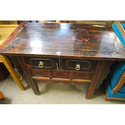 589 - 18TH CENTURY CONTINENTAL STAINED ELM HOUSEMAIDS SIDE TABLE FITTED 2 DRAWERS, PANELLED AND CARVED APR... 