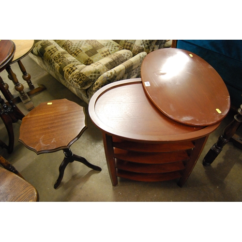 597 - CIRCULAR OAK WINE TABLE AND REPRODUCTION MAHOGANY WINE TABLE