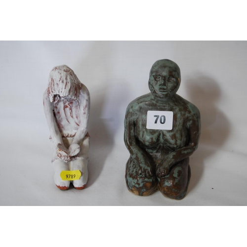 70 - STONEWARE FIGURE OF SITTING FEMALE AND TERRACOTTA FIGURE OF GIRL WITH BOOK