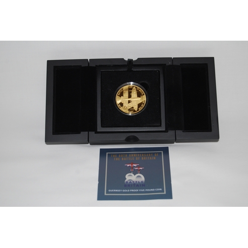 1 - 2020 80TH ANNIVERSARY OF THE BATTLE OF BRITAIN GOLD £5 JERSEY COIN, NO. 14 OF 80, PROOF, OBVERSE DES... 