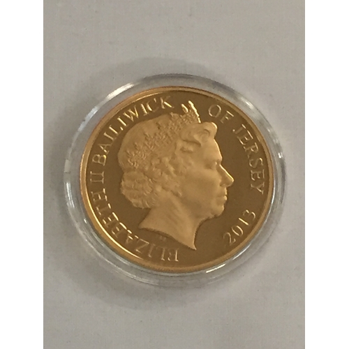 16 - 2013 JERSEY 350TH ANNIVERSARY OF THE FIRST GUINEA GOLD £5 COIN, REVERSE ORIGINAL 1663 GUINEA, OBVERS... 