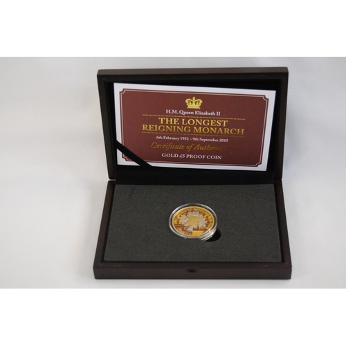 25 - 2015 JERSEY LONGEST REIGNING MONARCH H.M QUEEN ELIZABETH II 5 POUNDS GOLD COIN, OBVERSE IAN RANK-BRO... 