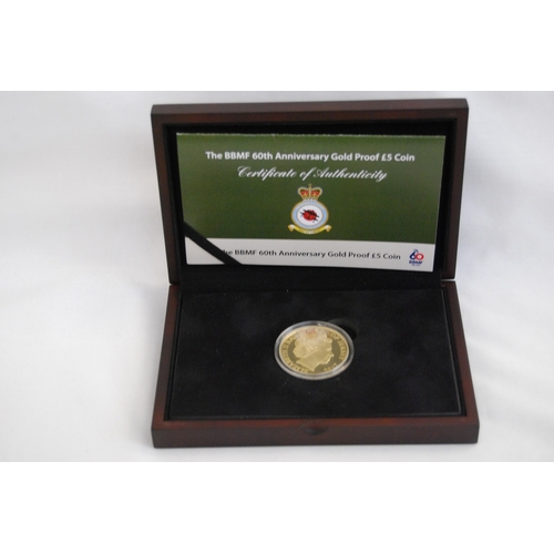 29 - 2017 BATTLE OF BRITAIN MEMORIAL FLIGHT 60TH ANNIVERSARY 5 POUND GOLD COIN, REVERSE BY BILL DADY, OBV... 