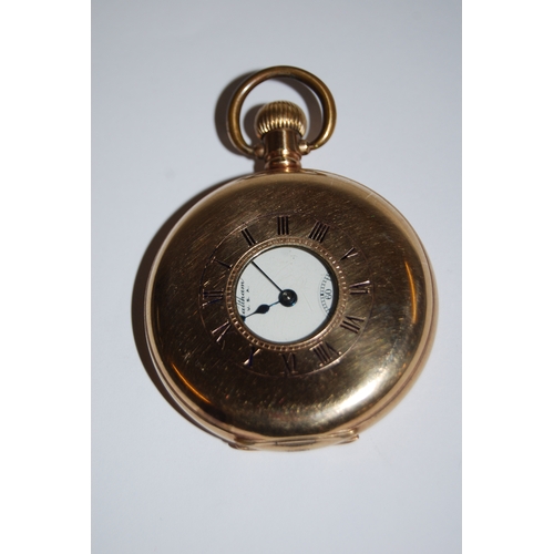 394 - WALTHAM HALF HUNTER POCKET WATCH IN GOLD PLATED CASE