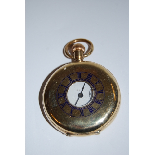 395 - SWISS HALF HUNTER POCKET WATCH IN GOLD PLATED CASE