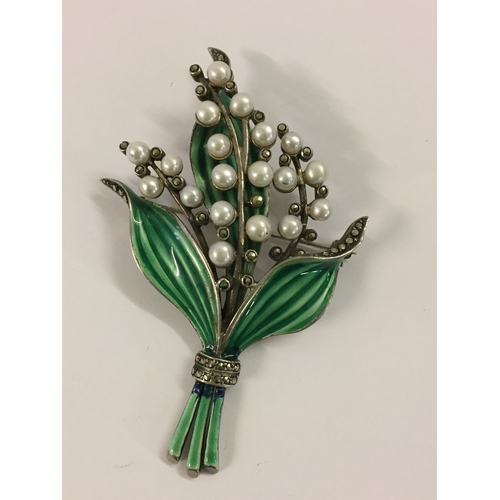 387 - SILVER AND ENAMEL LILY OF THE VALLEY BROOCH