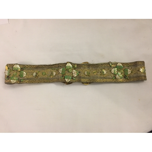 398 - VINTAGE EMBROIDERED LADIES SILK BELT WITH GILT METAL AND ENAMEL BUCKLES AND FITTINGS