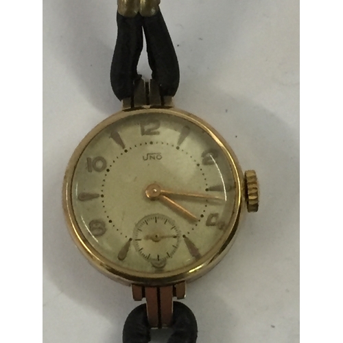 408 - UNO 9CT GOLD LADIES WRISTWATCH WITH LEATHER STRAP