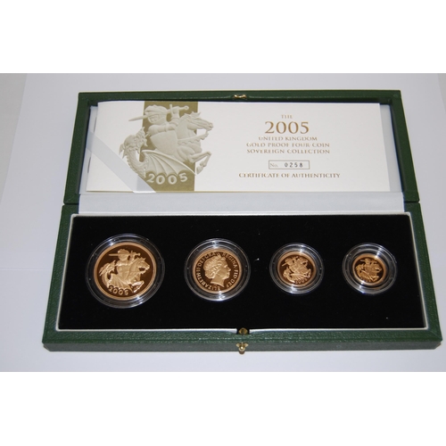 1 - THE 2005 UNITED KINGDOM 22CT GOLD PROOF 4 COIN SOVEREIGN COLLECTION COMPRISING £5 COIN (39.94g), DOU... 