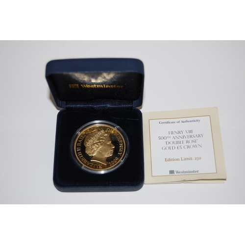 14 - 2009 HENRY VIII 500TH ANNIVERSARY 22CT GOLD DOUBLE ROSE GUERNSEY PROOF £5 CROWN, 39.94g (79 of 250)