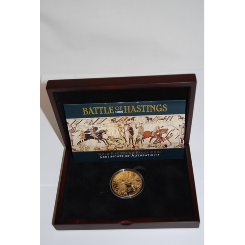 25 - 2016 BATTLE OF HASTINGS GUERNSEY PROOF 916/1000 GOLD £5, 39.94g (No 10 OF 50)