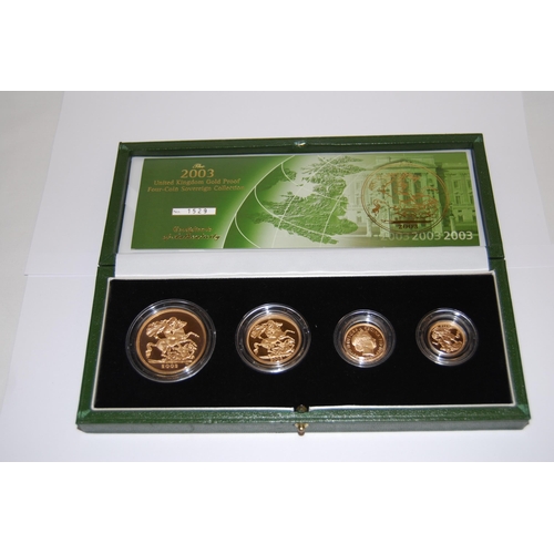 4 - THE 2003 UNITED KINGDOM 22CT GOLD PROOF 4 COIN SOVEREIGN COLLECTION COMPRISING £5 COIN (39.94g), DOU... 