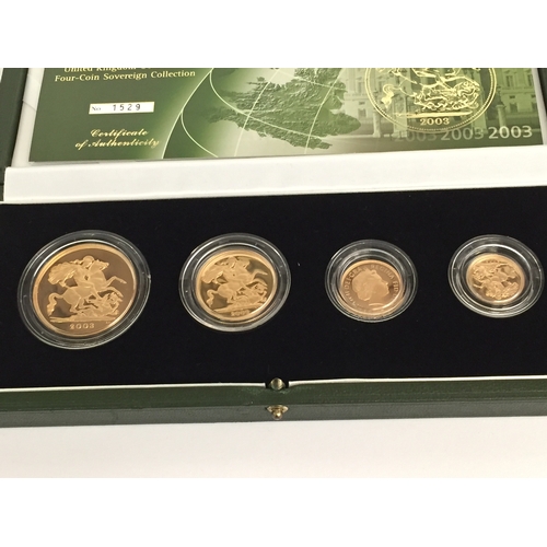 4 - THE 2003 UNITED KINGDOM 22CT GOLD PROOF 4 COIN SOVEREIGN COLLECTION COMPRISING £5 COIN (39.94g), DOU... 