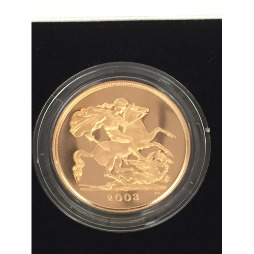 4 - THE 2003 UNITED KINGDOM 22CT GOLD PROOF 4 COIN SOVEREIGN COLLECTION COMPRISING £5 COIN (39.94g), DOU... 