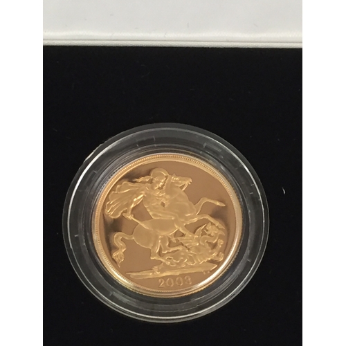 4 - THE 2003 UNITED KINGDOM 22CT GOLD PROOF 4 COIN SOVEREIGN COLLECTION COMPRISING £5 COIN (39.94g), DOU... 