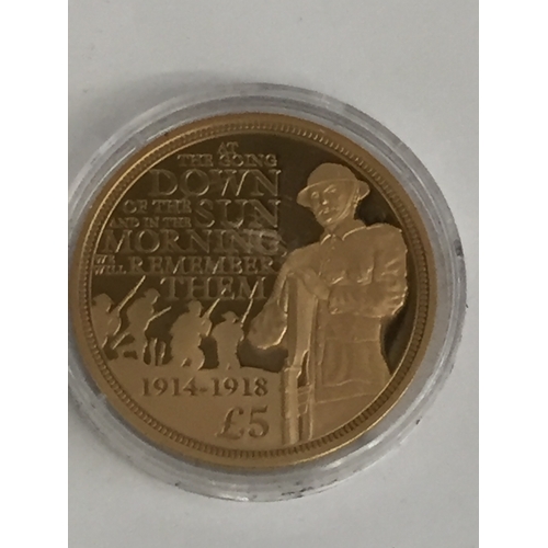 28 - 2014 THE CENTENARY OF THE FIRST WORLD WAR GUERNSEY, PROOF, 916/1000 GOLD £5, 39.94g (No 49 OF 145)