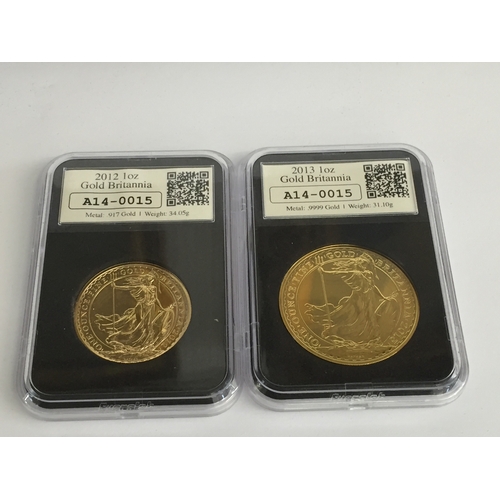 32 - 2012 & 2013 THE FIRST AND LAST GOLD BRITANNIA PROOF TWO £100 COIN SET, 2012 22CT BRITANNIA 34.05g, 2... 