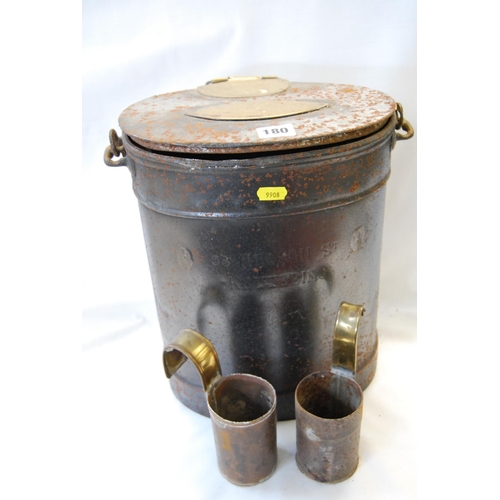 180 - VINTAGE METAL AND BRASS MILK BUCKET WITH LID, HANDLE AND 2 LADELS