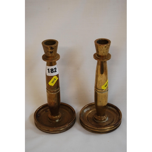 182 - PAIR OF HEAVY GUN METAL CANDLESTICKS 21CM