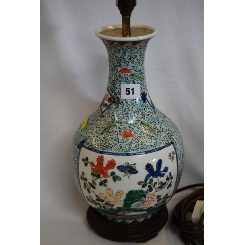 51 - CHINESE BULBOUS POLYCHROME VASE / TABLE LAMP WITH PANELS DECORATED BLOSSOM AND INSECTS (32CM)