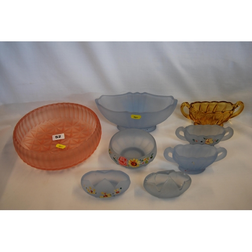 52 - 6 PIECES OF ART DECO BLUE FROSTED GLASSWARE, ROSE PINK BOWL AND AMBER 2 HANDLED VASE