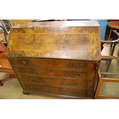 569 - GEORGIAN BURR WALNUT BUREAU WITH FITTED INTERIOR, FALL FLAP, 4 DRAWERS UNDER, DROP BRASS HANDLES, ON... 