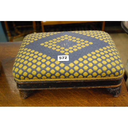 572 - 19TH CENTURY CARVED AND EBONISED FOOTSTOOL WITH UPHOLSTERED TOP