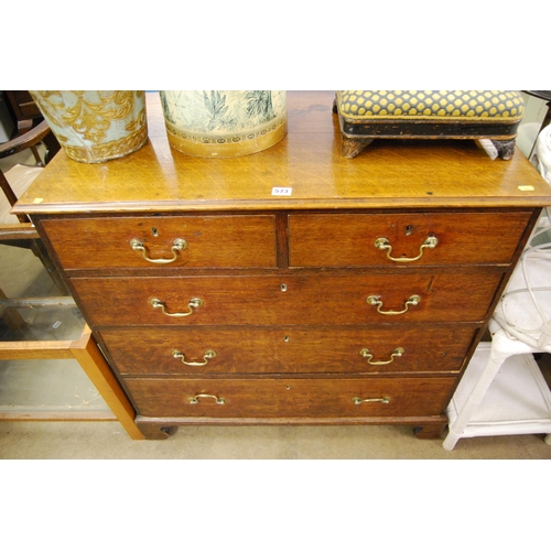 573 - GEORGIAN OAK CHEST OF 5 DRAWERS, DROP BRASS HANDLES, ON BRACKET FEET 93CM WIDTH X 50CM DEPTH X 89CM ... 