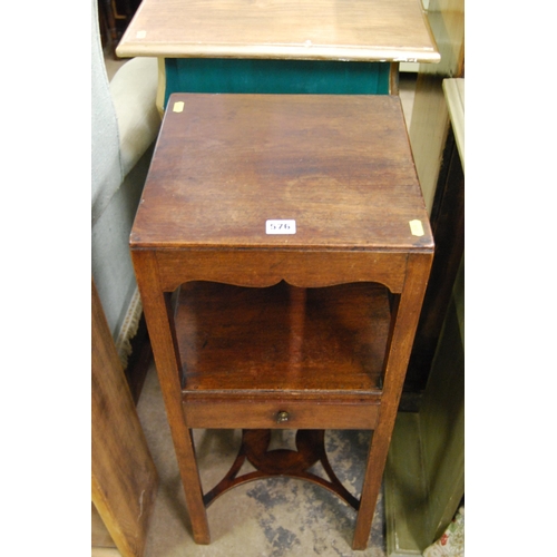 576 - REGENCY SQUARE MAHOGANY BEDSIDE TABLE WITH SHELF FITTED DRAWER, ON PIERCED SHELF STRETCHER 33CM WIDT... 