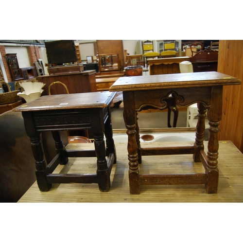 589 - 18TH CENTURY CARVED OAK JOINT STOOL WITH LATER TOP AND EARLY 19TH CENTURY CONTINENTAL JOINT STOOL