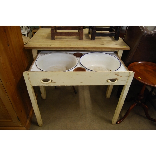 590 - 19TH CENTURY FRENCH RECTANGULAR PINE TOP WASH TABLE WITH PULL OUT SECTION FITTED 2 ENAMEL BOWLS AND ... 