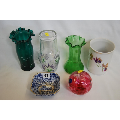 63 - ART DECO PAINTED GLASS BEDSIDE FLASK AND TUMBLER, GLASS VASES, ETC.